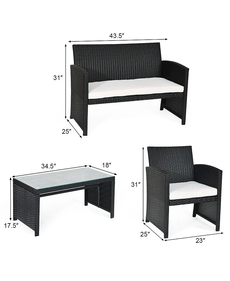 Costway 4PCS Outdoor Patio Rattan Furniture Conversation Set Cushioned Sofa Coffee Table