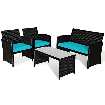 Costway 4PCS Patio Rattan Furniture Conversation Sets Cushion Sofa Table Garden