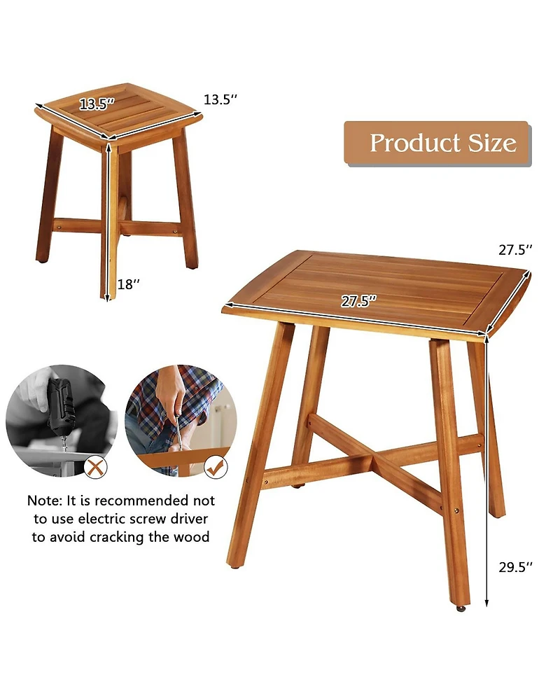 Costway 5PCS Acacia Patio Dining Set W/Square Table & 4 Stools Reddish