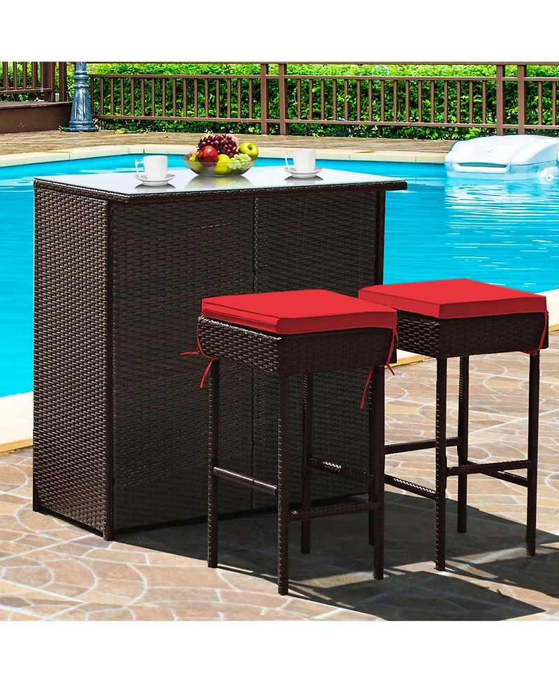3PCS Patio Rattan Wicker Bar Table Stools Dining Set Cushioned