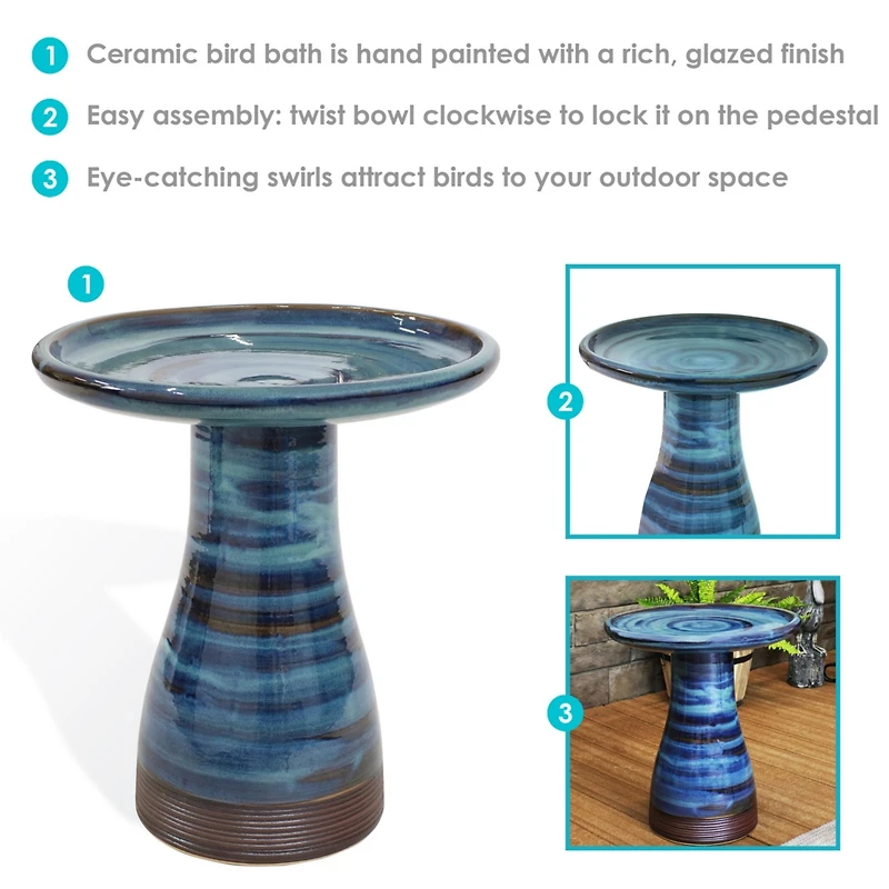 21" H Ceramic Bird Bath for Outside - Hand-Painted Outdoor Bird Bath Bowl, Uv/Frost-Resistant Finish - Galaxy Blue - Ribbed Pedestal