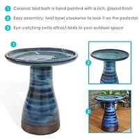 21" H Ceramic Bird Bath for Outside - Hand-Painted Outdoor Bird Bath Bowl, Uv/Frost-Resistant Finish - Galaxy Blue - Ribbed Pedestal