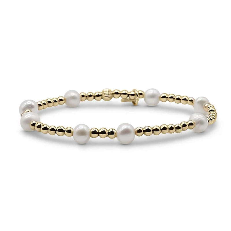 Non-Tarnishing Gold filled, 3mm Gold Ball and Freshwater Pearl Stretch Bracelet