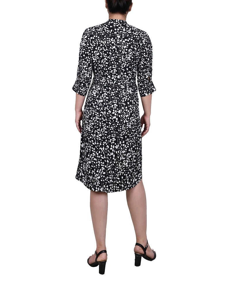 Ny Collection Petite Elbow Sleeve Y Neck Shirtdress