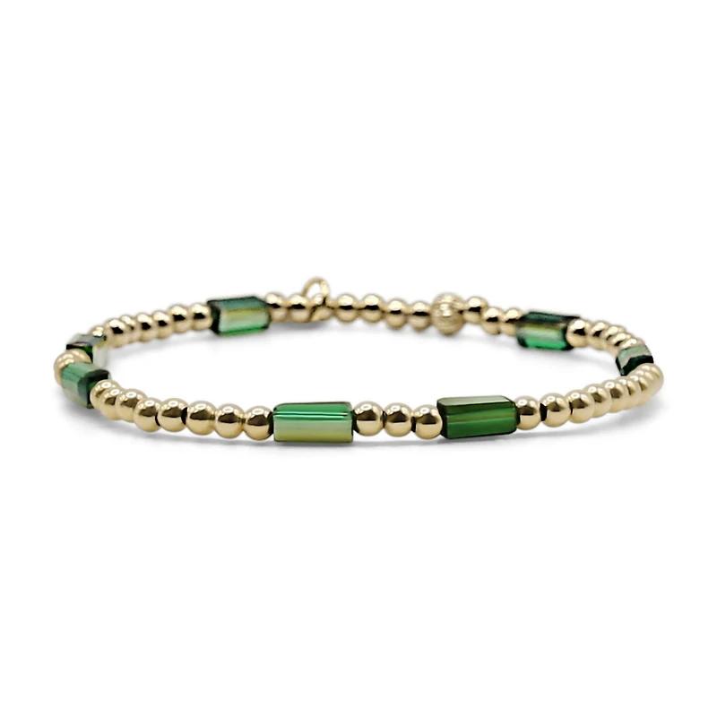 Bowood Lane Non-Tarnishing Gold filled, 3mm Ball and Emerald Glass Bead Stretch Bracelet