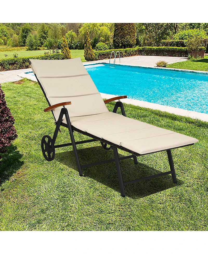 Costway Folding Patio Rattan Lounge Chair Chaise Cushioned Aluminum Adjust Wheel