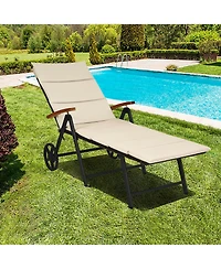 Costway Folding Patio Rattan Lounge Chair Chaise Cushioned Aluminum Adjust Wheel