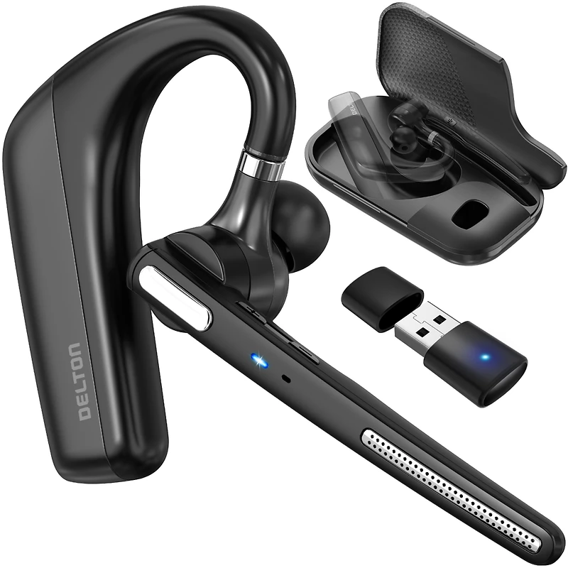 Ultralight Bluetooth Headset with Noise Cancelling Microphone, Bluetooth Earpiece with Charging Case, Auto Pair Usb Dongle for Pc/Laptop, Compatible w