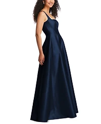 Alfred Sung Plus Size Boned Corset Closed-Back Satin Gown with Full Skirt and Pockets