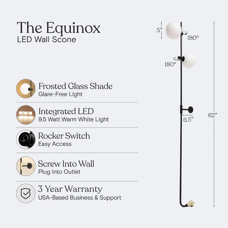 Equinox Modern Wall Plug-In Led Sconce Lamp with Glass Globe Shades (62")