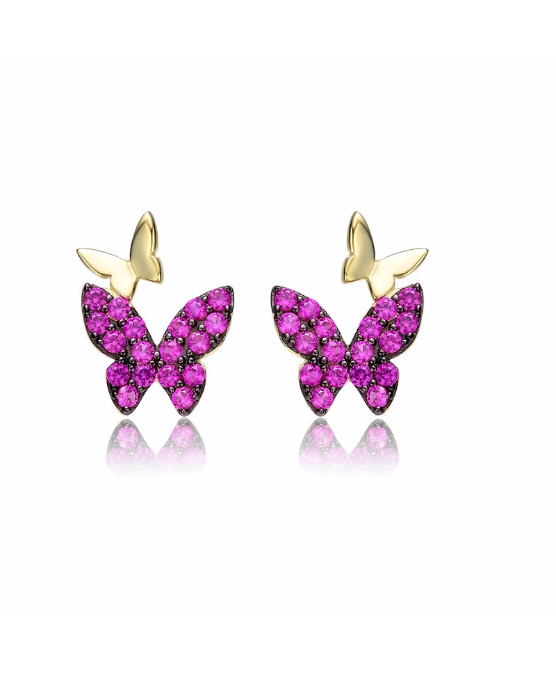 Sterling Silver 14k Yellow Gold Plated with Red Cubic Zirconia Double Butterfly Drop Earrings