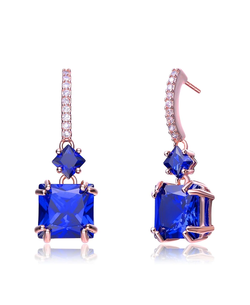 Cubic Zirconia Sterling Silver 18K Rose Plated Blue Square Shape Drop Earrings