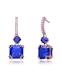 Cubic Zirconia Sterling Silver 18K Rose Plated Blue Square Shape Drop Earrings