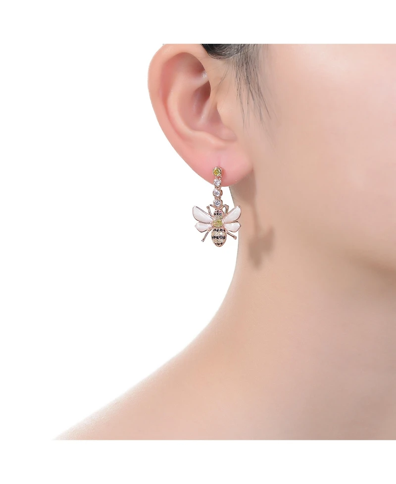 Sterling Silver 18K Rose Gold Plated Clear Cubic Zirconia Floral Drop Butterfly Earrings