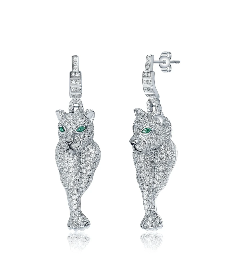 White Gold Plated with Green Eyes & Cubic Zirconia Panther Dangle Earrings in Sterling SIlver