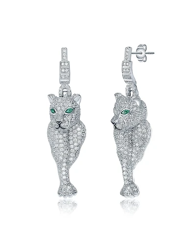 White Gold Plated with Green Eyes & Cubic Zirconia Panther Dangle Earrings in Sterling SIlver