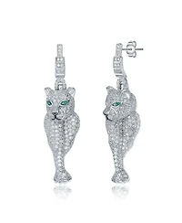 White Gold Plated with Green Eyes & Cubic Zirconia Panther Dangle Earrings in Sterling SIlver