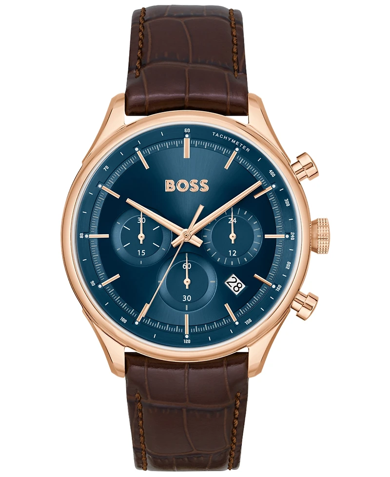 Hugo Boss Men's Gregor Quartz Chronograph Brown Mock Genuine-Grained Leather Strap Watch 45mm