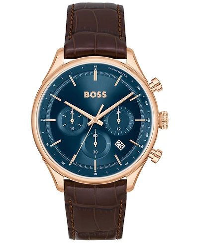 Hugo Boss Men's Gregor Quartz Chronograph Brown Mock Genuine-Grained Leather Strap Watch 45mm