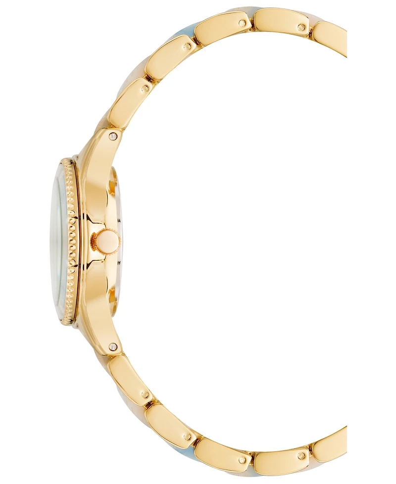 Anne Klein Women's Three Hand Quartz Gold-tone Alloy and Light Blue Marbled Acrylic Link Bracelet Watch, 30mm
