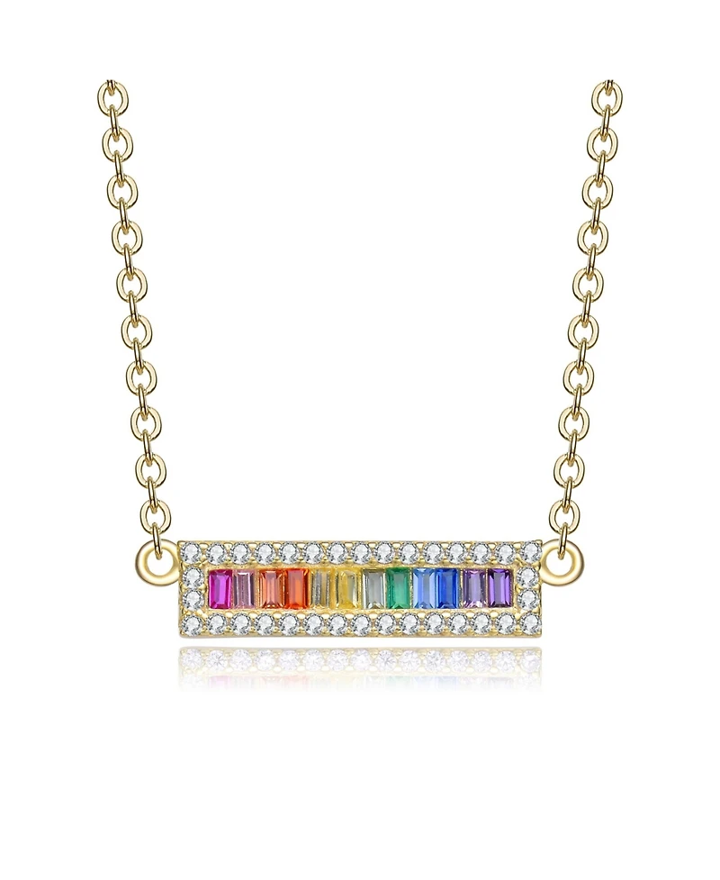 Sterling Silver Rainbow Cubic Zirconia Short Bar Pendant Necklace