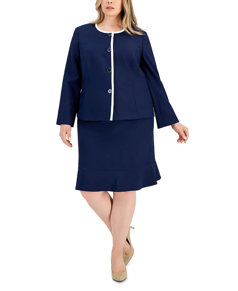 Le Suit Plus Framed Collarless Jacket & Flounce-Hem Skirt