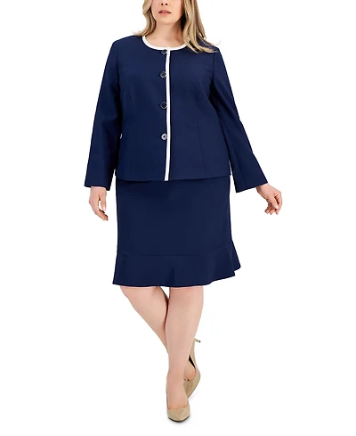 Le Suit Plus Framed Collarless Jacket & Flounce-Hem Skirt