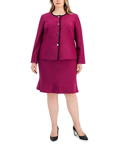 Le Suit Plus Framed Collarless Jacket & Flounce-Hem Skirt Set