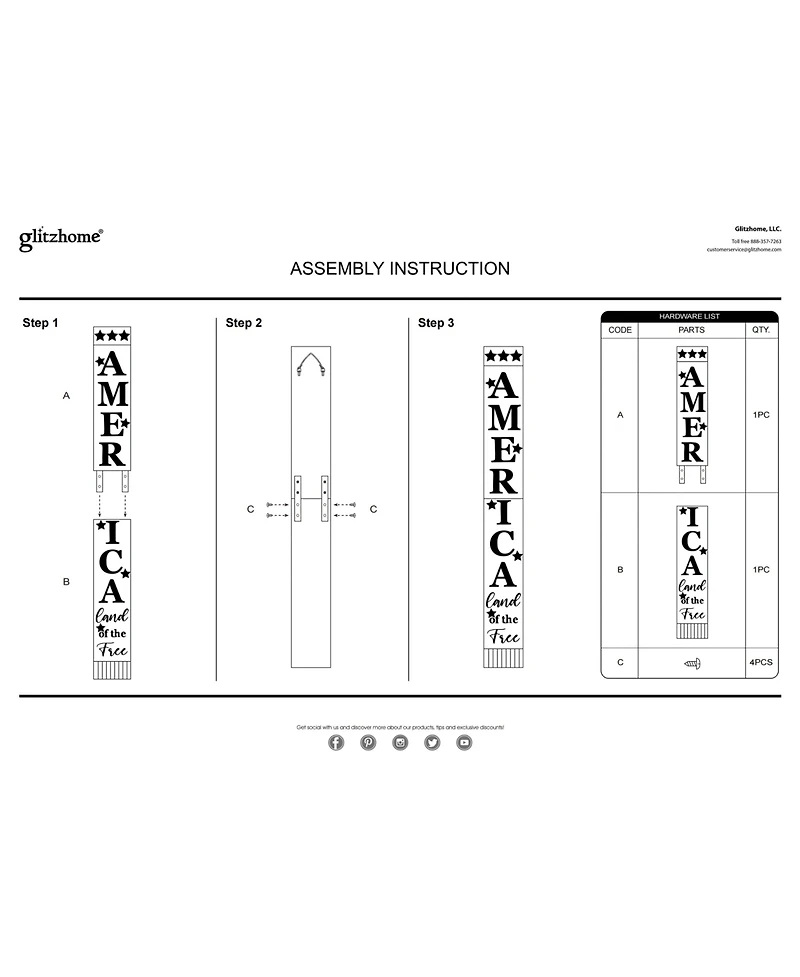 Glitzhome 60" H Wooden Patriotic, Americana Porch Sign