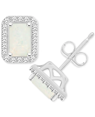 Aquamarine (1 ct. t.w.) & Diamond (1/5 ct. t.w.) Stud Earrings in Sterling Silver (Also in Opal)