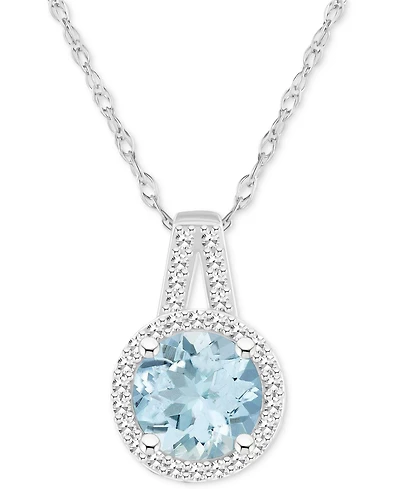 Aquamarine (1-1/4 ct. t.w.) & Diamond (1/6 ct. t.w.) Halo 18" Pendant Necklace in Sterling Silver