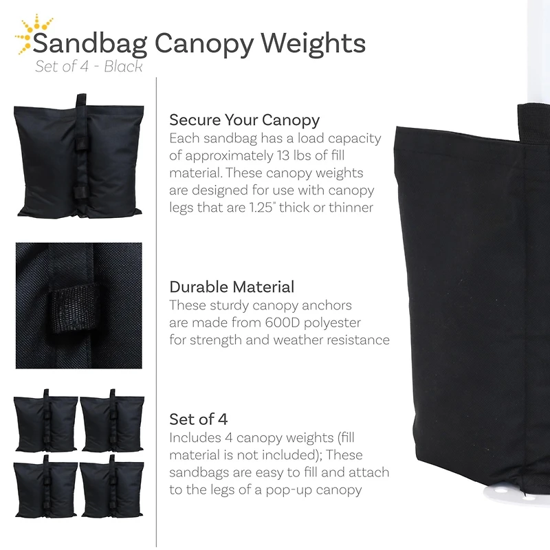 Sunnydaze Decor Polyester Sandbag Canopy Weights - Fillable Canopy Anchors - Easy to Attach - Set of 4 - Black