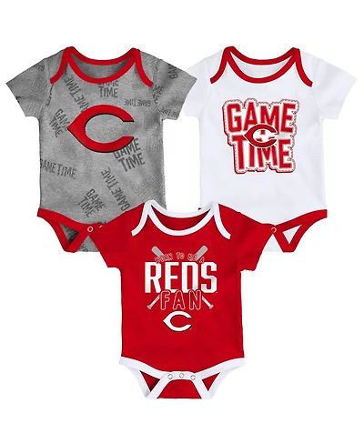 Newborn and Infant Boys and Girls Cincinnati Reds Red and White and Heathered Gray Game Time Three-Piece Bodysuit Set