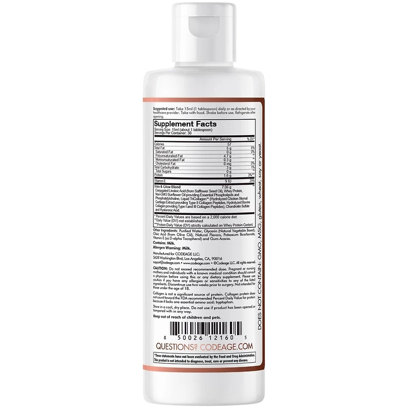 Codeage Liquid Collagen Supplement Chocolate Flavor, Beauty Trim & Glow Liposomal Collagen Peptides, Cla Conjugated Linoleic Acid, Hyaluronic Acid, Vi