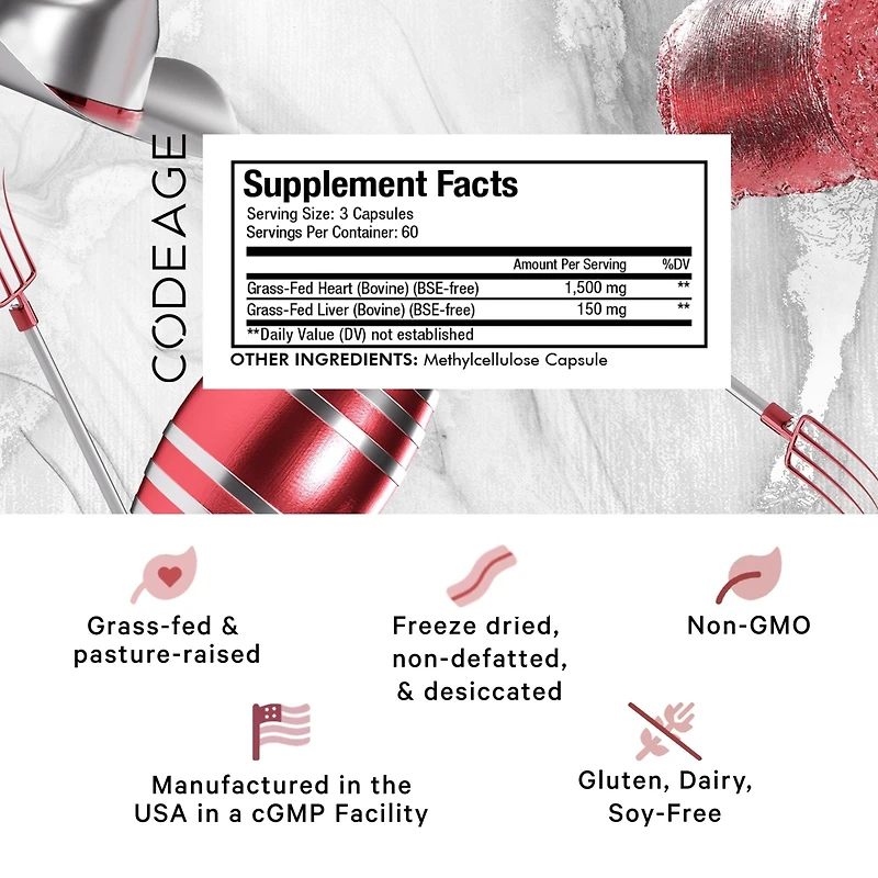 Codeage Grass Fed Beef Heart Supplement - Freeze Dried, Non-Defatted, Desiccated Beef Heart Glandular Supplements - Bovine Meat & Liver Pills