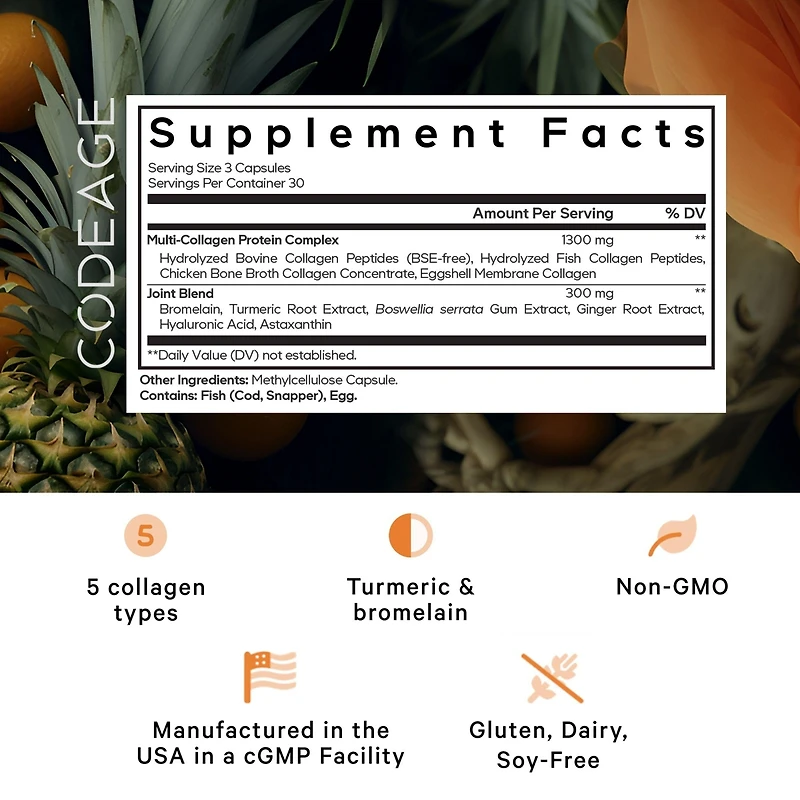 Codeage Multi Collagen Protein + Joint Blend Supplement, Hyaluronic Acid, Bromelain, Turmeric, Ginger, Boswellia, Astaxanthin