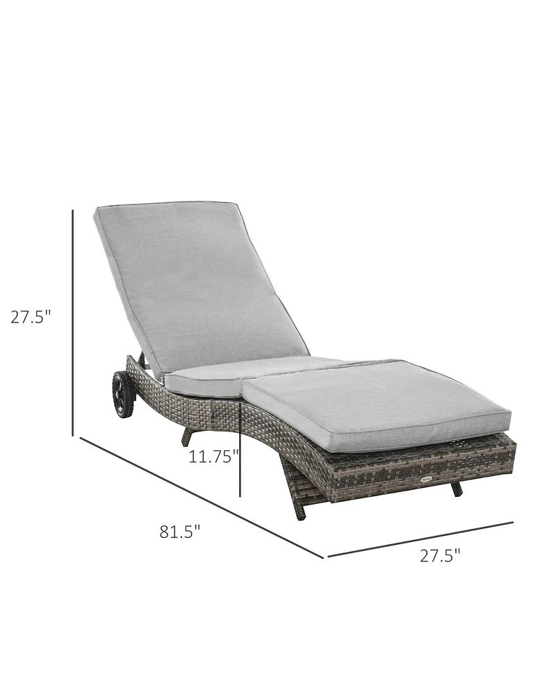Outsunny Patio Wicker Cushioned Chaise Lounge Chair, Outdoor Pe Rattan Sun lounger w/ 5-Level Adjustable Backrest & 2 Wheels for Easy Movement, Grey