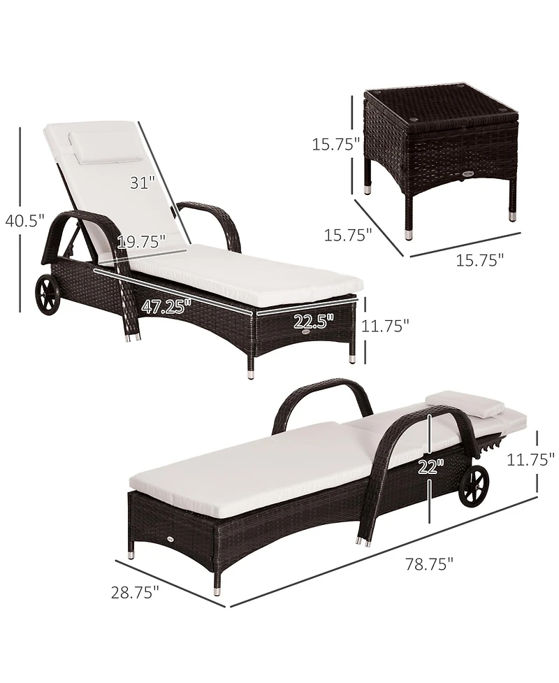 Outsunny 3 Piece Outdoor Furniture Set, 2 Reclining Chaise Lounge Chairs, Rolling Wheels, Armrests, Headrests, Thickly Cushioned, 1 Side Table, Pe Pla