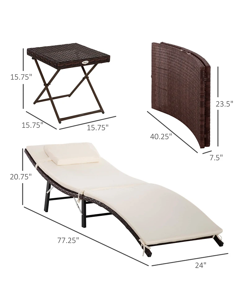 Outsunny Set of 2 Patio Pe Rattan Chaise Lounge Set, 3 Pieces Outdoor Folding Wicker Ledge Loungers Chair with Folding Table, Pillow