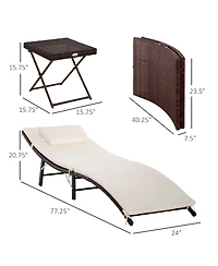 Outsunny Set of 2 Patio Pe Rattan Chaise Lounge Set, 3 Pieces Outdoor Folding Wicker Ledge Loungers Chair with Folding Table, Pillow