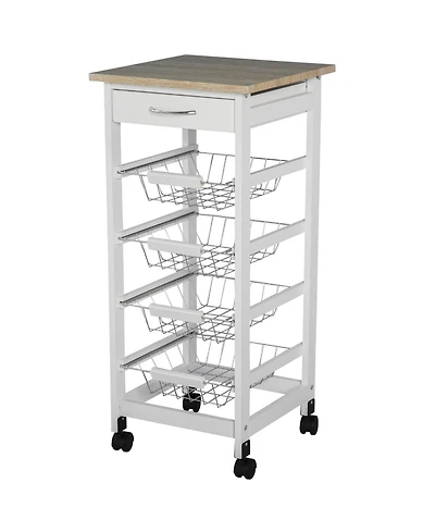 Homcom 32.25" Wood Rolling Kitchen Storage Cart on 360° Swivel Wheels, White