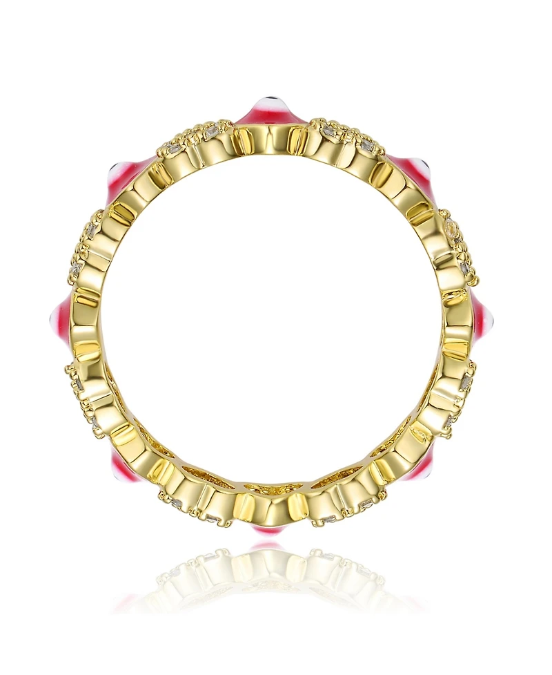 Ra Young Adults/Teens 14k Yellow Gold Plated with Cubic Zirconia Colorful Enamel Evil Eye Repeating Hearts Stacking Ring