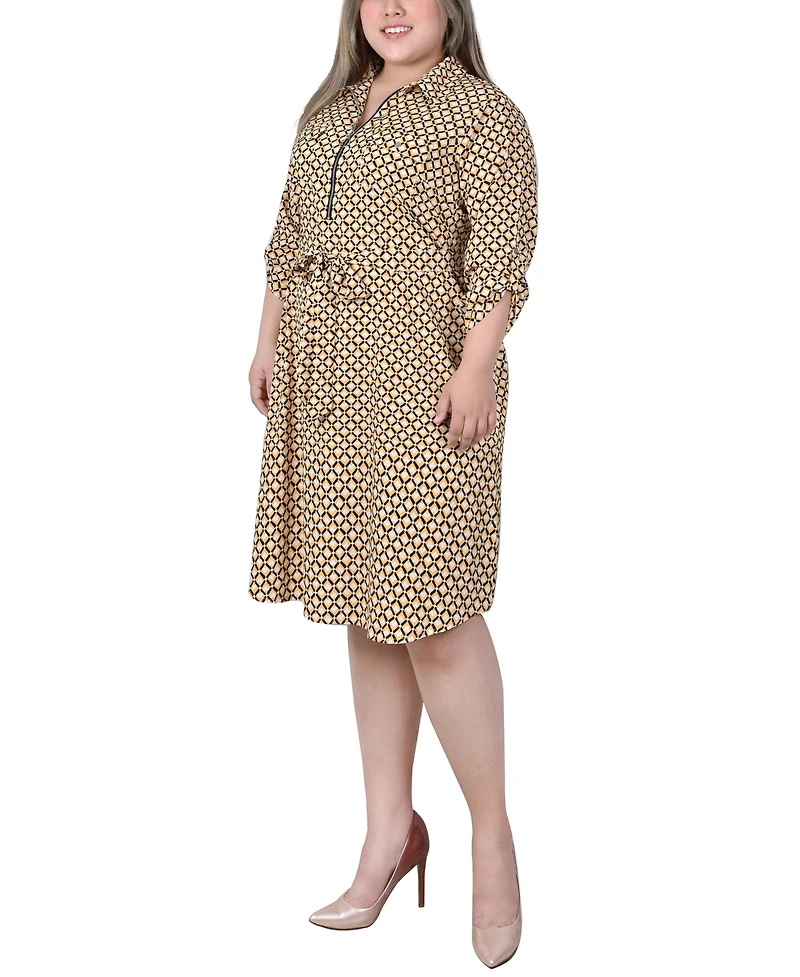 Ny Collection Plus Size 3/4 Roll Tab Sleeve Zippered Shirt Dress