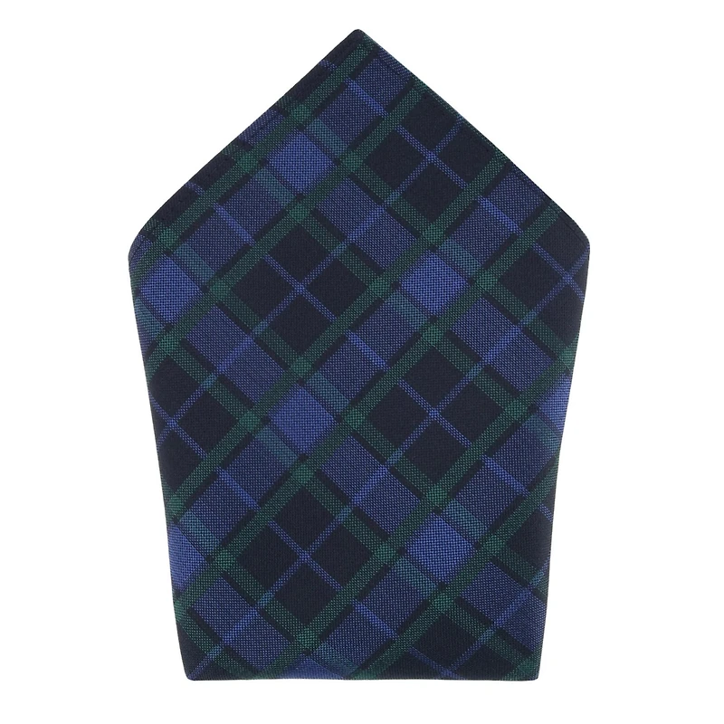 Trafalgar Men's Ives Green and Navy Blackwatch Plaid Silk Pocket Square