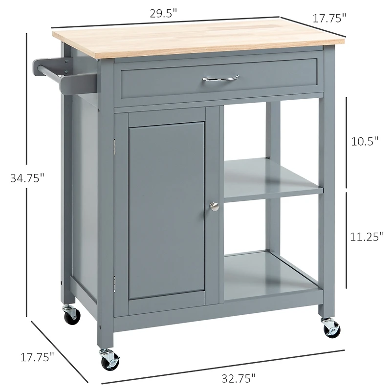 Homcom Kitchen Trolley, Wood Top Utility Cart on Wheels with Open Shelf and Storage Drawer for Dining Room, Kitchen, Grey