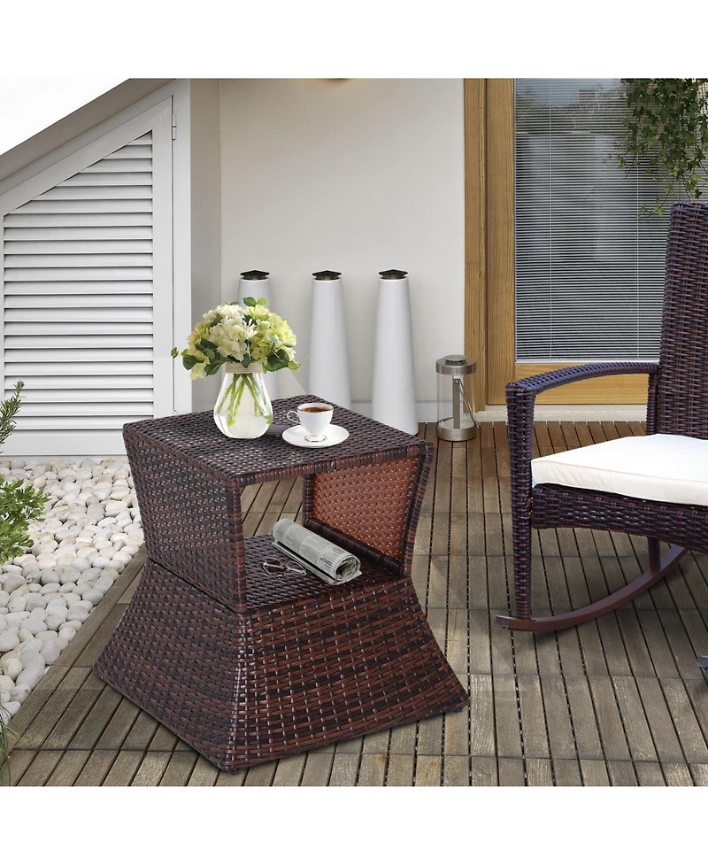 Outsunny Rattan Wicker Side Table with Umbrella Hole, 2 Tier Storage Shelf for All Weather for Outdoor, Patio, Garden, Backyard, Mixed Brown