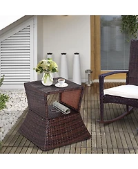 Outsunny Rattan Wicker Side Table with Umbrella Hole, 2 Tier Storage Shelf for All Weather for Outdoor, Patio, Garden, Backyard, Mixed Brown