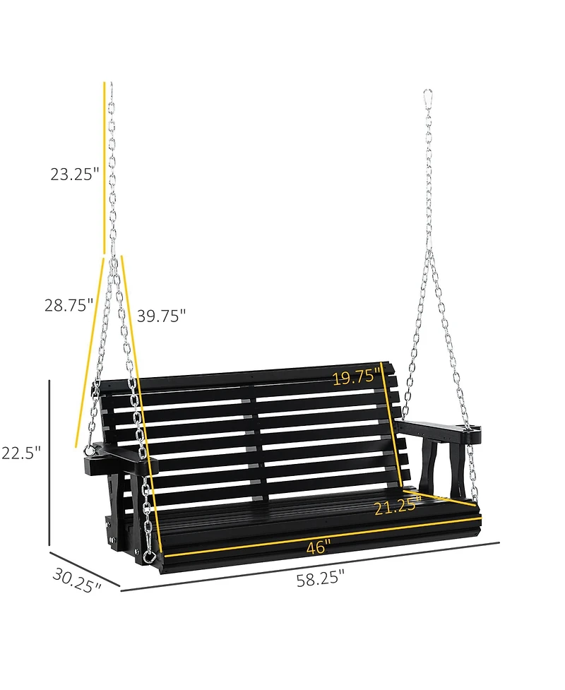 Outsunny 46" 2 Person Wooden Hanging Porch Swing Bench, Slatted Front Porch Swing Outdoor Chair with Cupholder Armrests 440 lbs. Weight Capacity, Blac