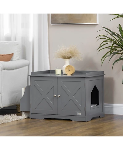 PawHut Wide & Large Cat Litter Box Furniture Hidden Farmhouse Table with Magnetic Doors, Big Covered Kitty Litter Box Enclosure Cabinet with Shelves,