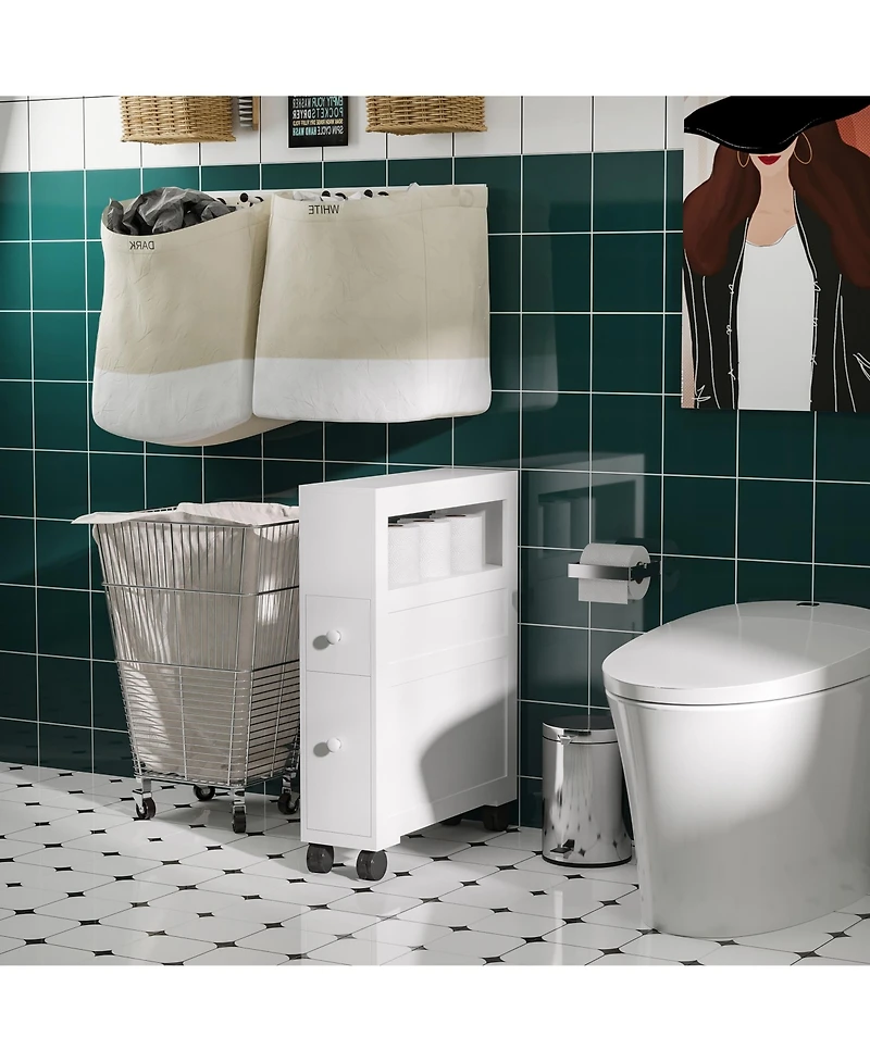 Wood Rolling Slim Narrow Bathroom Floor Side Storage Cabinet
